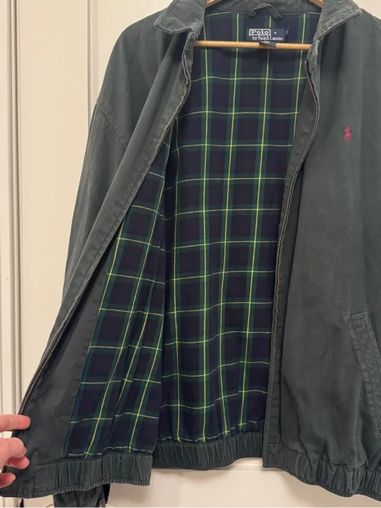 MENS VINTAGE 90S POLO RALPH LAUREN GREEN FLANNEL LINED HARRINGTON JACKET XL